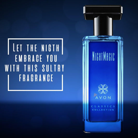 Avon Night Magic original packaging box showcasing the product branding and ingredients list clearly.
