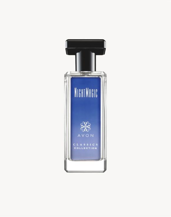 Close up view of the clear glass bottle design of Avon Night Magic evening musk perfume formulation.