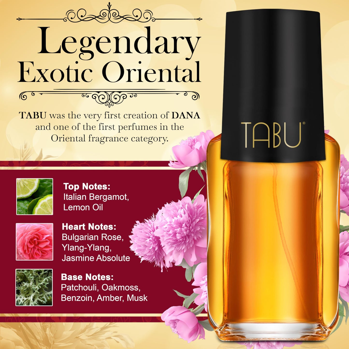 Dana Tabu classic vintage formulation bottle held to display the exact fluid volume scale and authentic golden amber color tone.