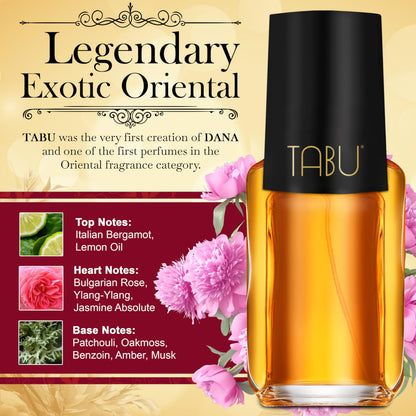 Dana Tabu classic vintage formulation bottle held to display the exact fluid volume scale and authentic golden amber color tone.