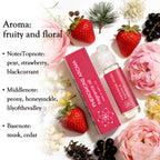 Halonly travel size ten milliliter perfume oil bottle next to fresh pear and strawberry ingredients.