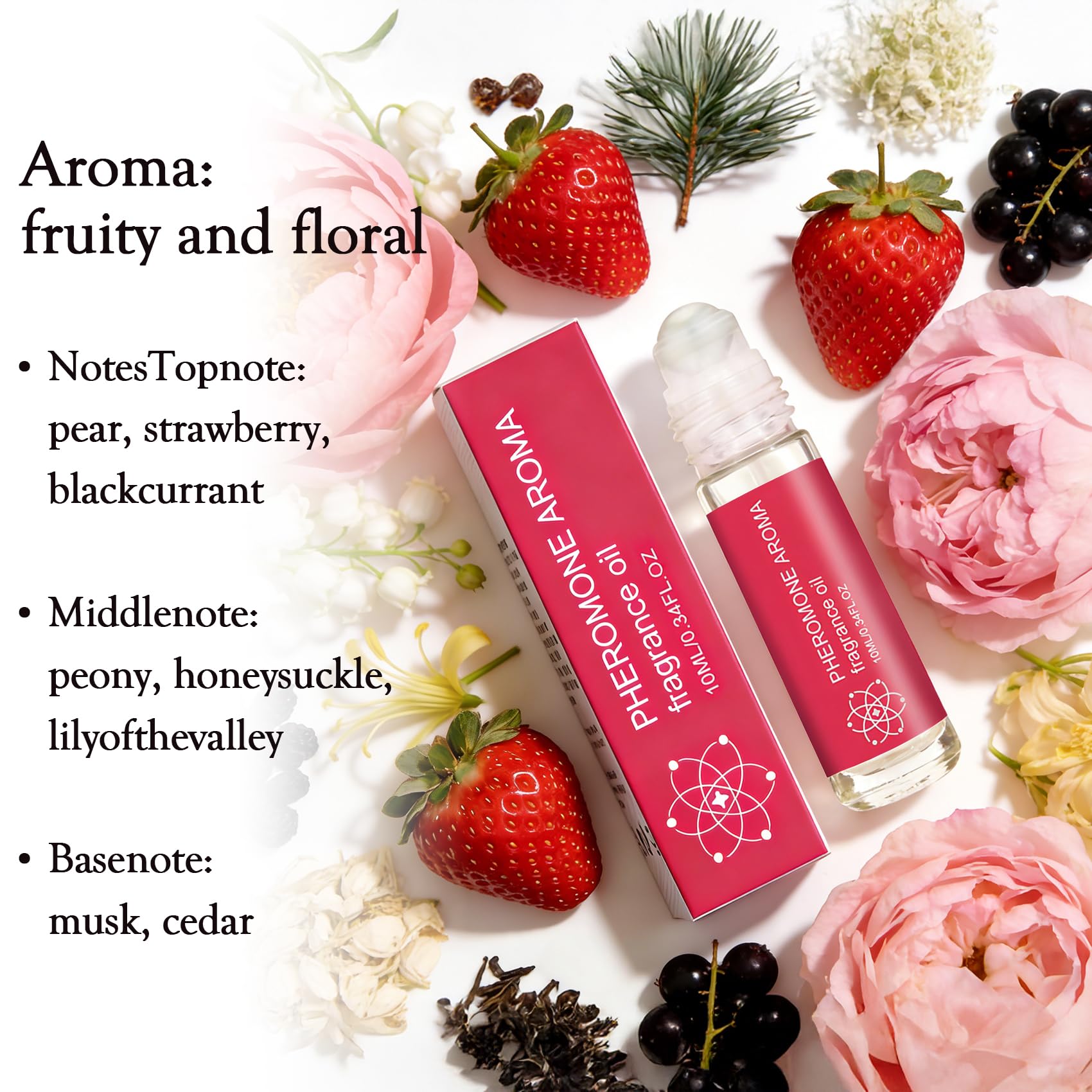 Halonly travel size ten milliliter perfume oil bottle next to fresh pear and strawberry ingredients.