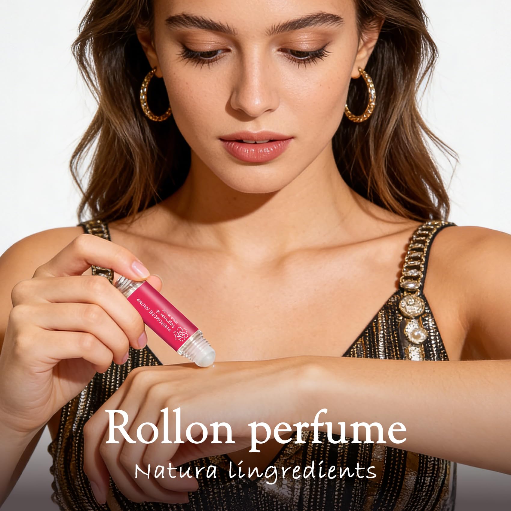 Halonly sensual pheromone perfume oil for women being applied directly onto a wrist pulse point.