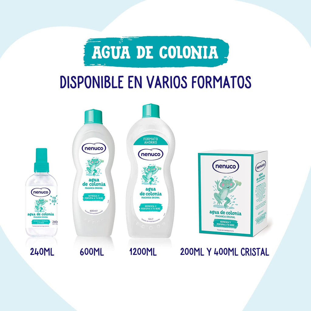 Back label of Nenuco splash cologne detailing product volume of two hundred and forty milliliters