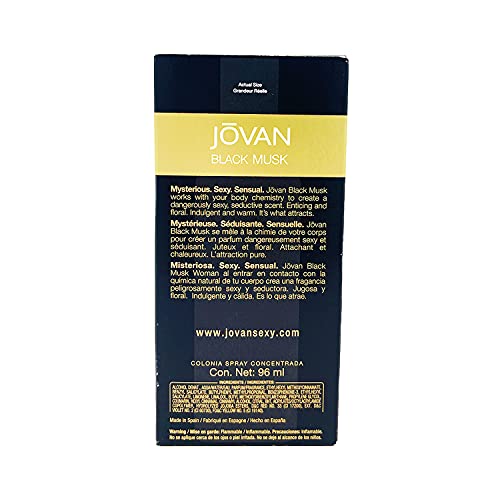 Side profile of Jovan Black Musk for Women showing fluid volume and batch label