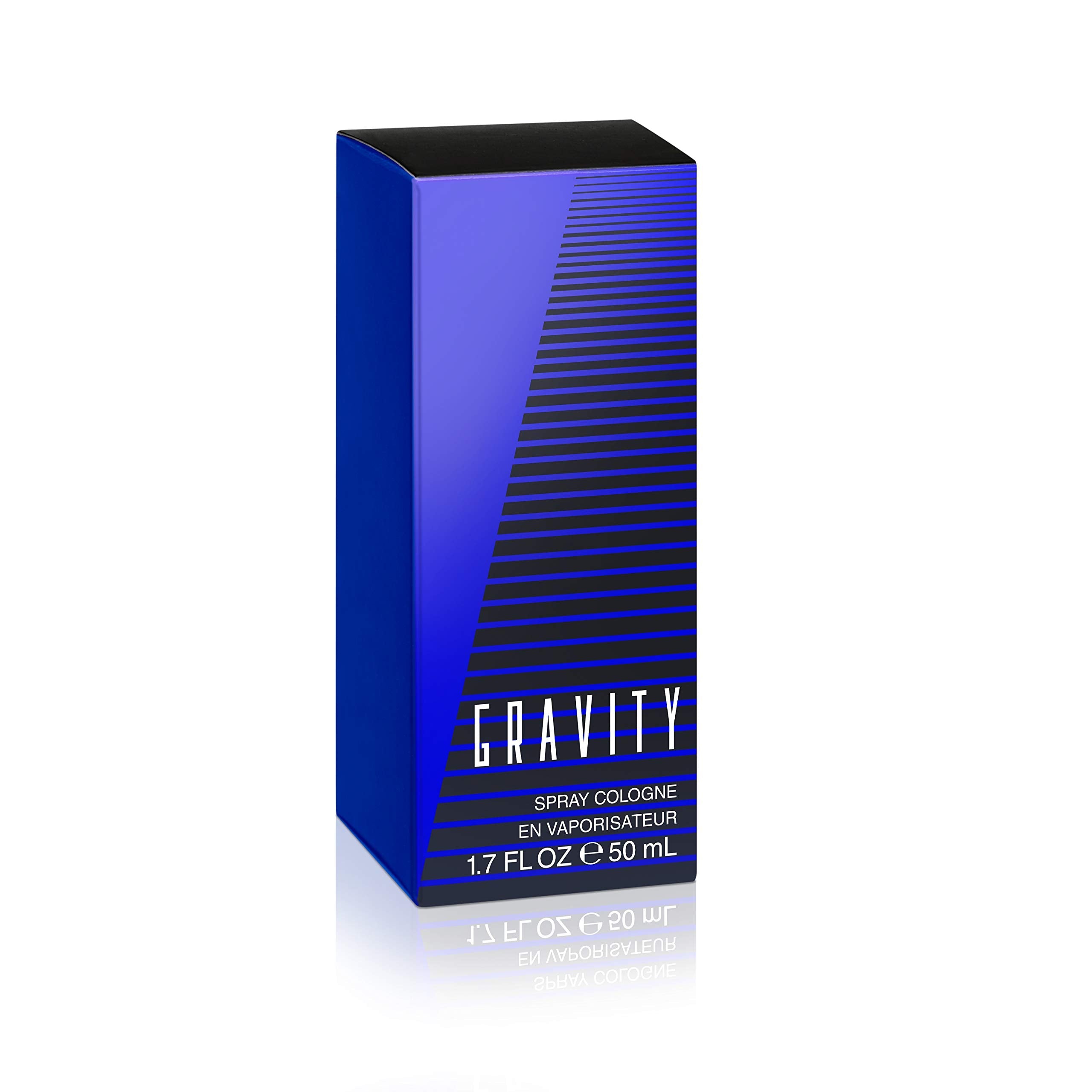 Coty Classics Gravity men's cologne bottle sitting upright next to its authentic original retail packaging box
