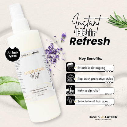 Bask & Lather leave in conditioner spray being applied to curly hair for detangling and definition