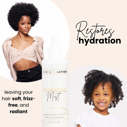 Back label of Bask & Lather hair mist highlighting aloe vera and avocado oil natural ingredients