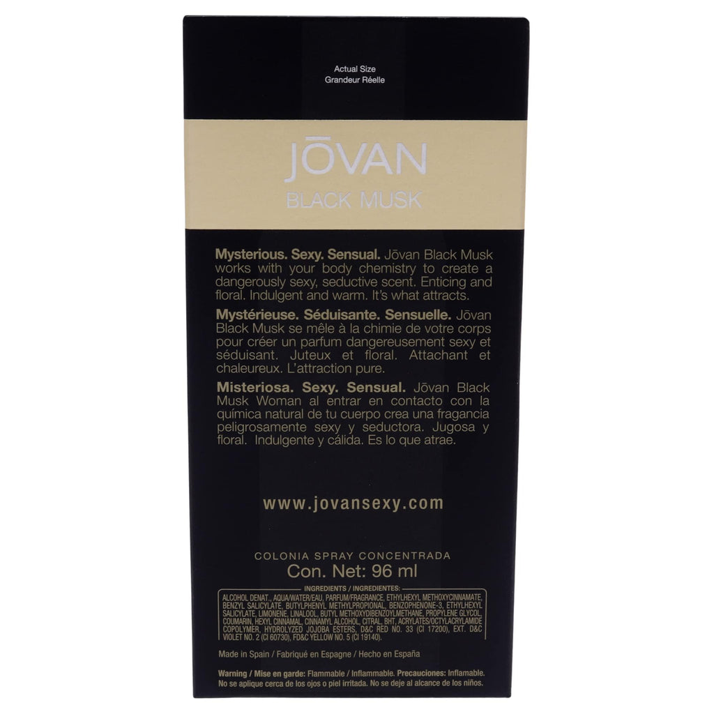 Jovan Black Musk Floral Woody Musk fragrance bottle angled view showing clear liquid