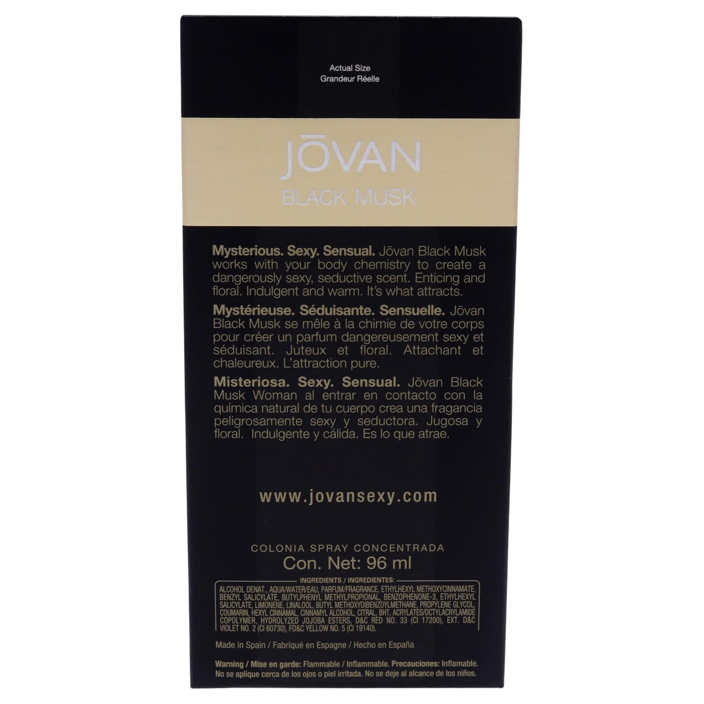 Jovan Black Musk Floral Woody Musk fragrance bottle angled view showing clear liquid