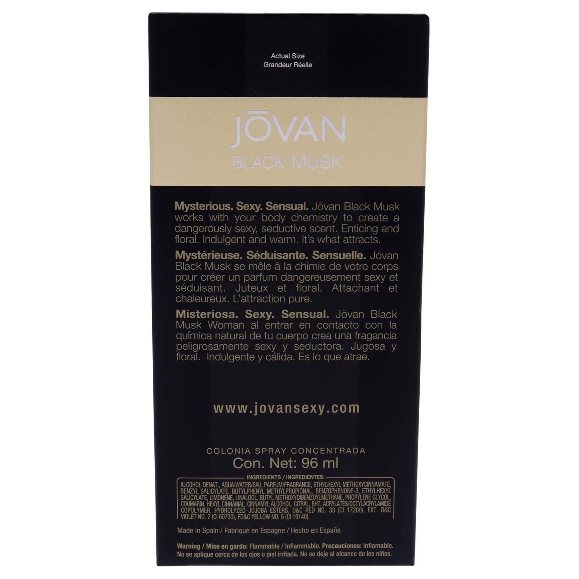Jovan Black Musk Floral Woody Musk fragrance bottle angled view showing clear liquid