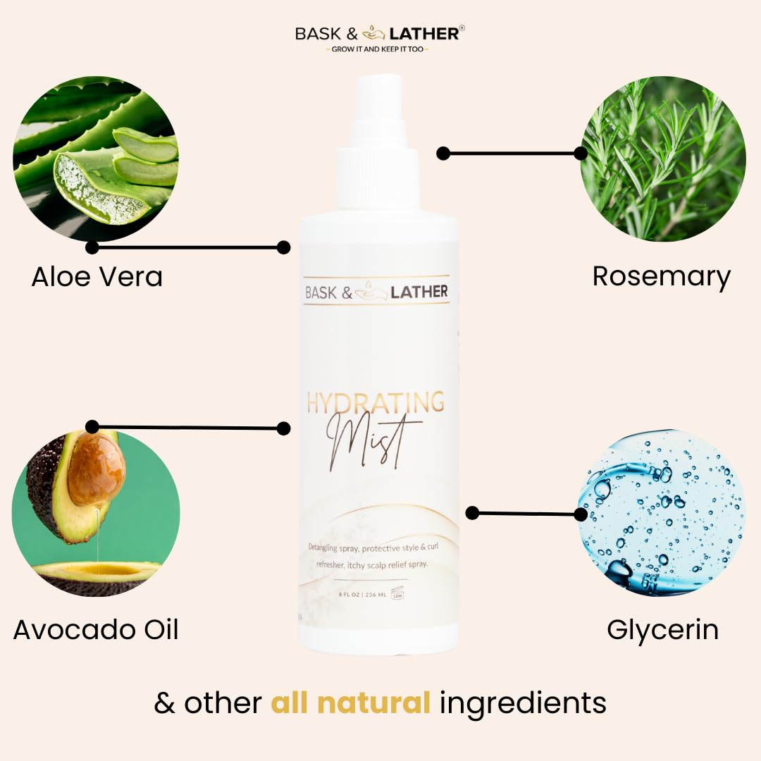 Bask & Lather Hydrating Hair Mist bottle placed on a clean background showing its premium USA packaging