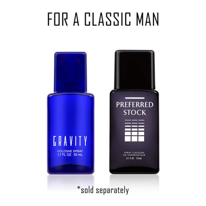 The complete retail presentation box of Coty Classics Gravity Eau de Cologne highlighting the masculine design text