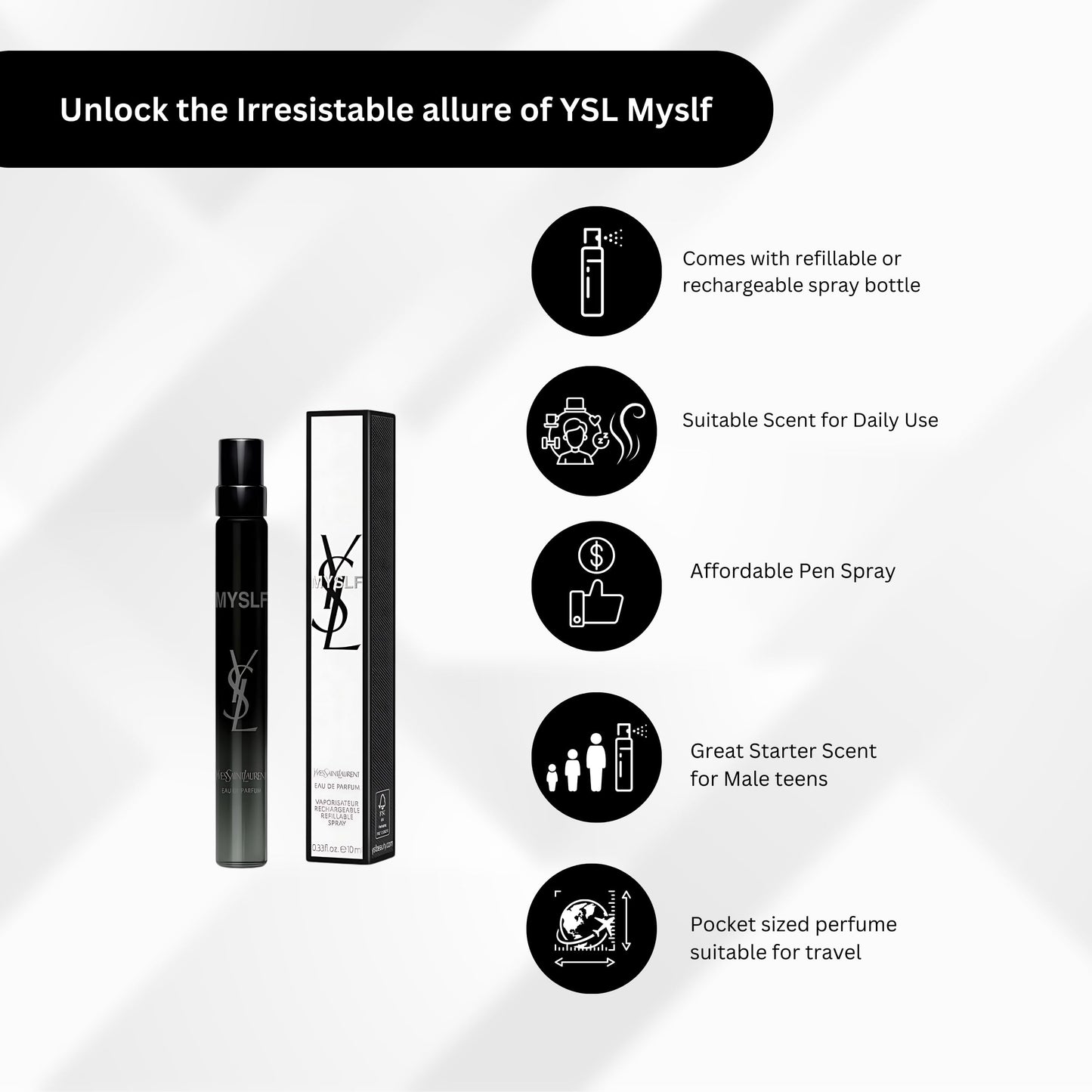 YSL MYSLF ten milliliter miniature fragrance spray container showing the iconic brand logo detailing.
