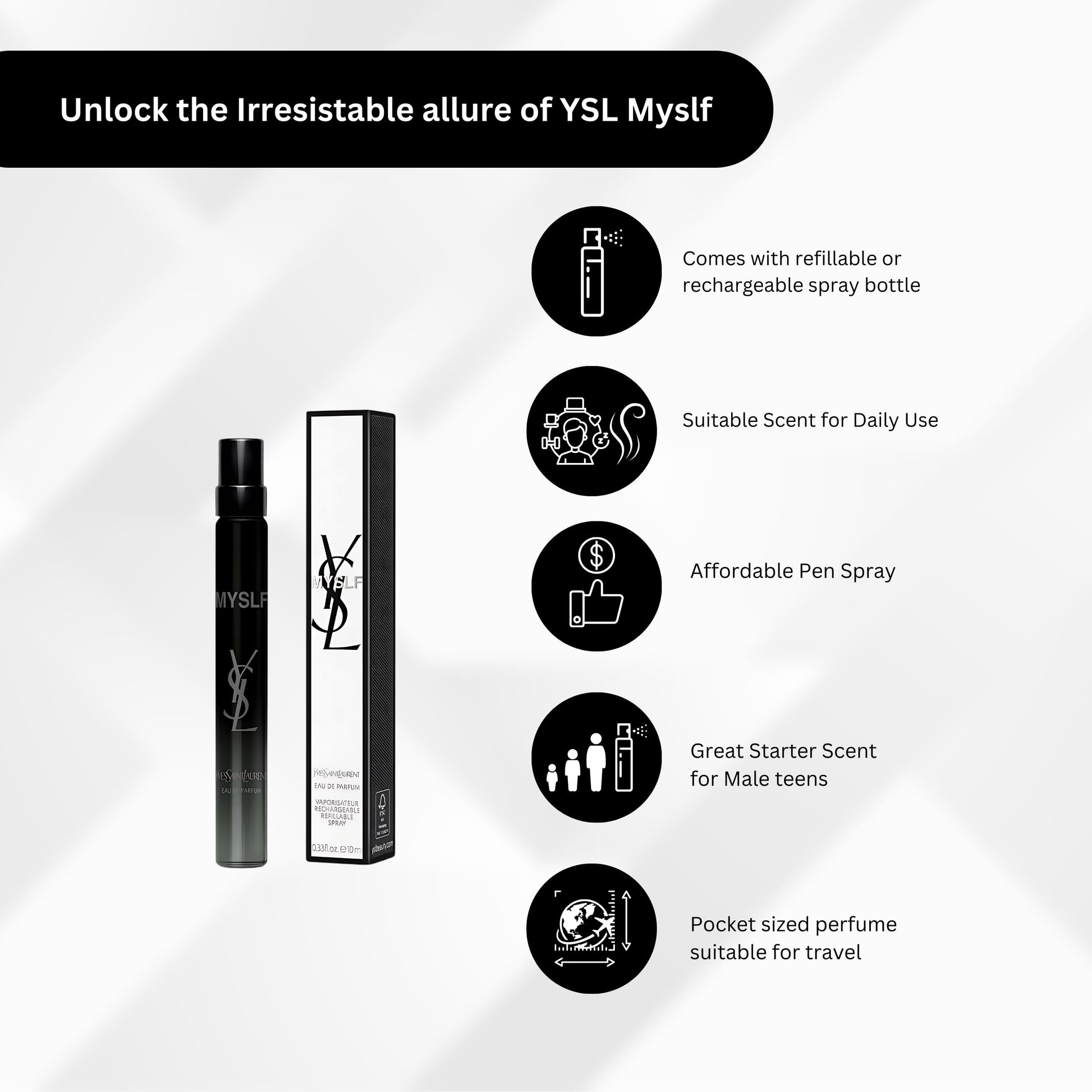 YSL MYSLF ten milliliter miniature fragrance spray container showing the iconic brand logo detailing.