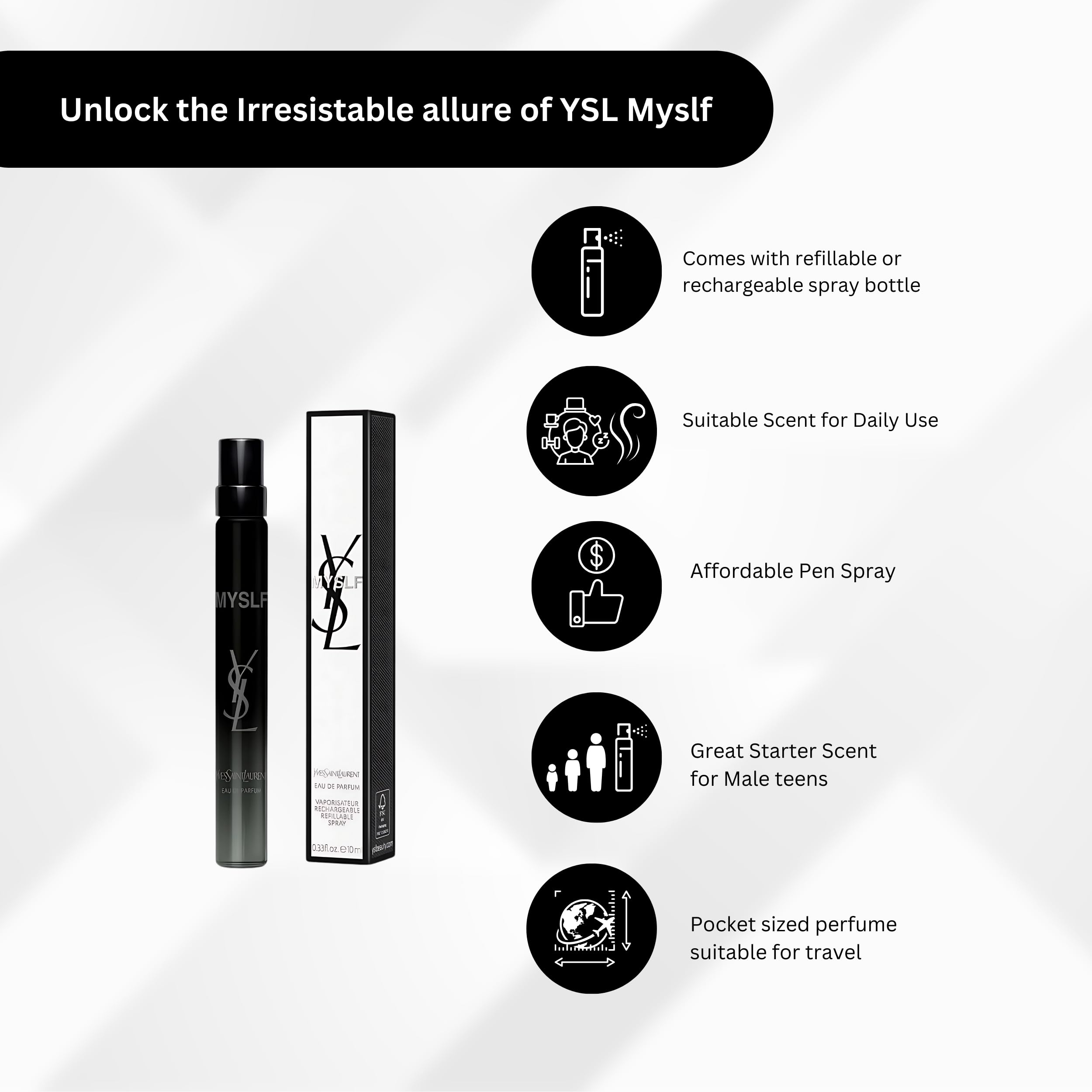 YSL MYSLF ten milliliter miniature fragrance spray container showing the iconic brand logo detailing.