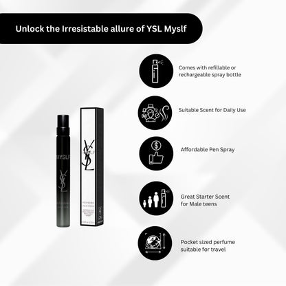 YSL MYSLF ten milliliter miniature fragrance spray container showing the iconic brand logo detailing.