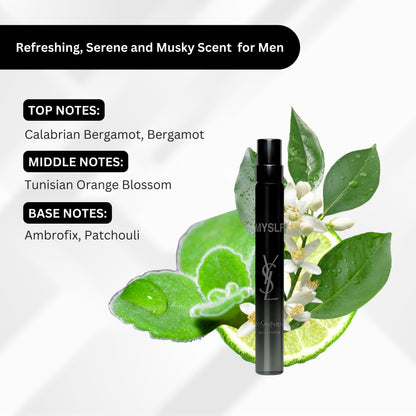 Refillable Yves Saint Laurent MYSLF travel perfume bottle unboxed on a clean presentation surface.
