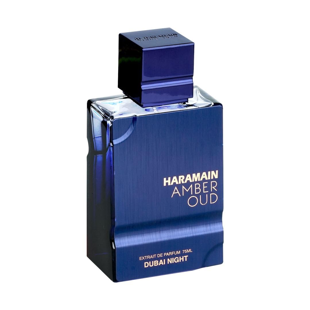 Al Haramain Amber Oud Dubai Night unisex perfume bottle placed on premium display backdrop.