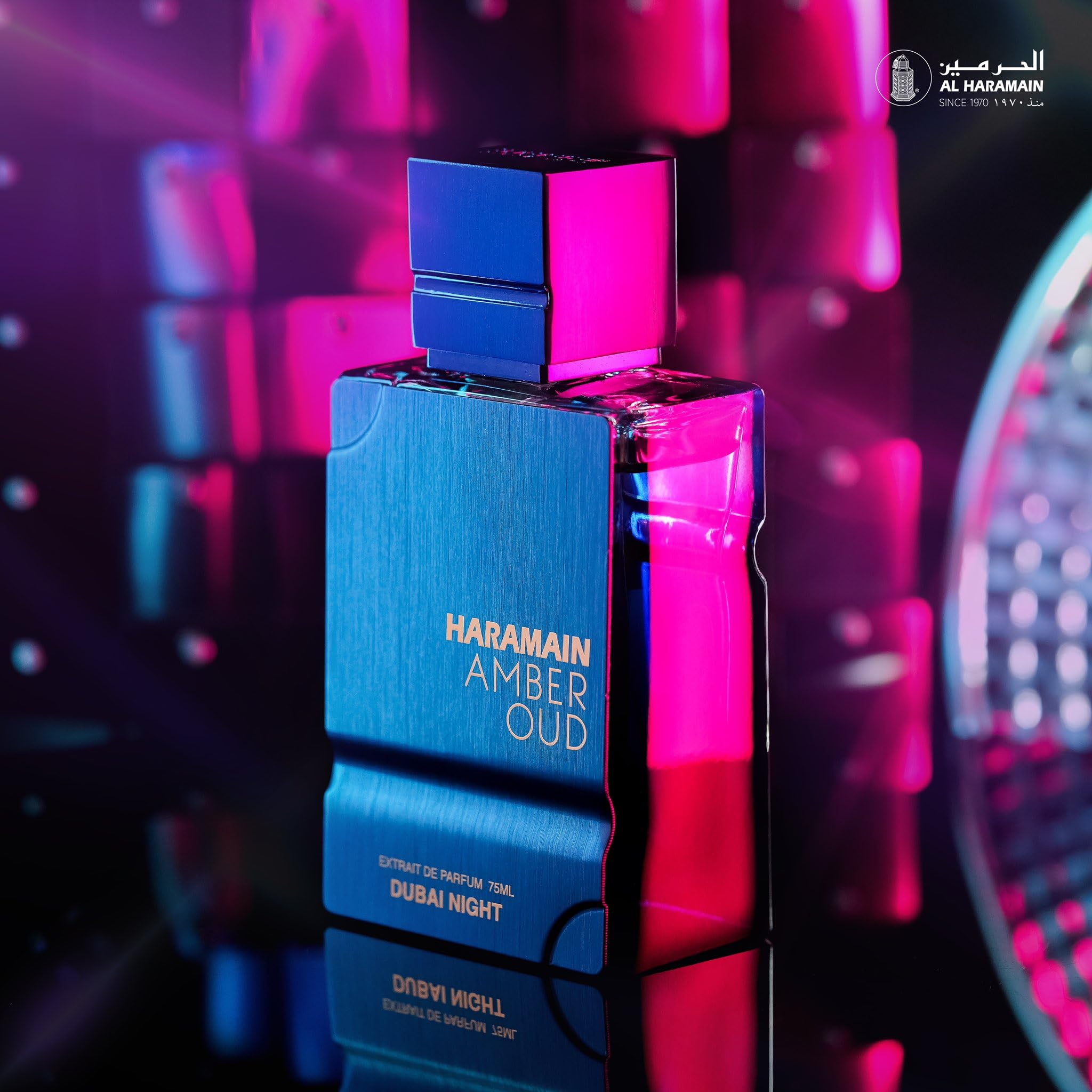 Al Haramain Amber Oud Dubai Night long lasting Arabian perfume bottle showing liquid clarity.