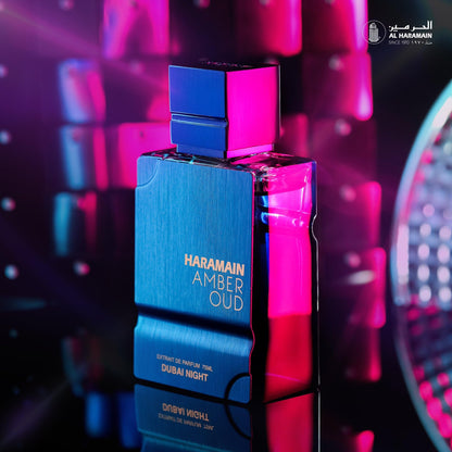 Al Haramain Amber Oud Dubai Night long lasting Arabian perfume bottle showing liquid clarity.