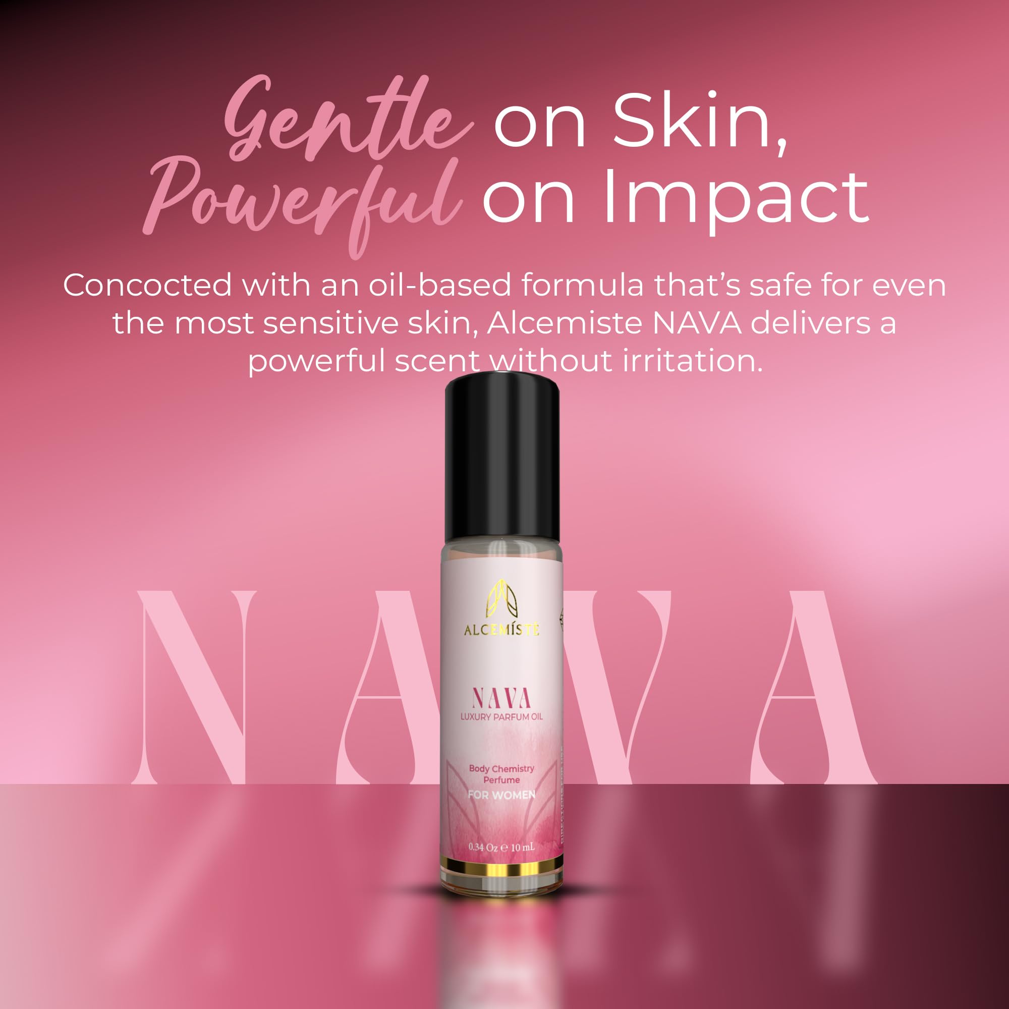 Premium Alcemiste Nava luxury roll-on parfum oil showcasing the sweet floral and feminine scent details.