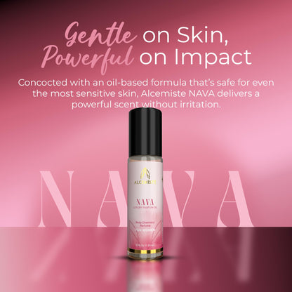 Premium Alcemiste Nava luxury roll-on parfum oil showcasing the sweet floral and feminine scent details.