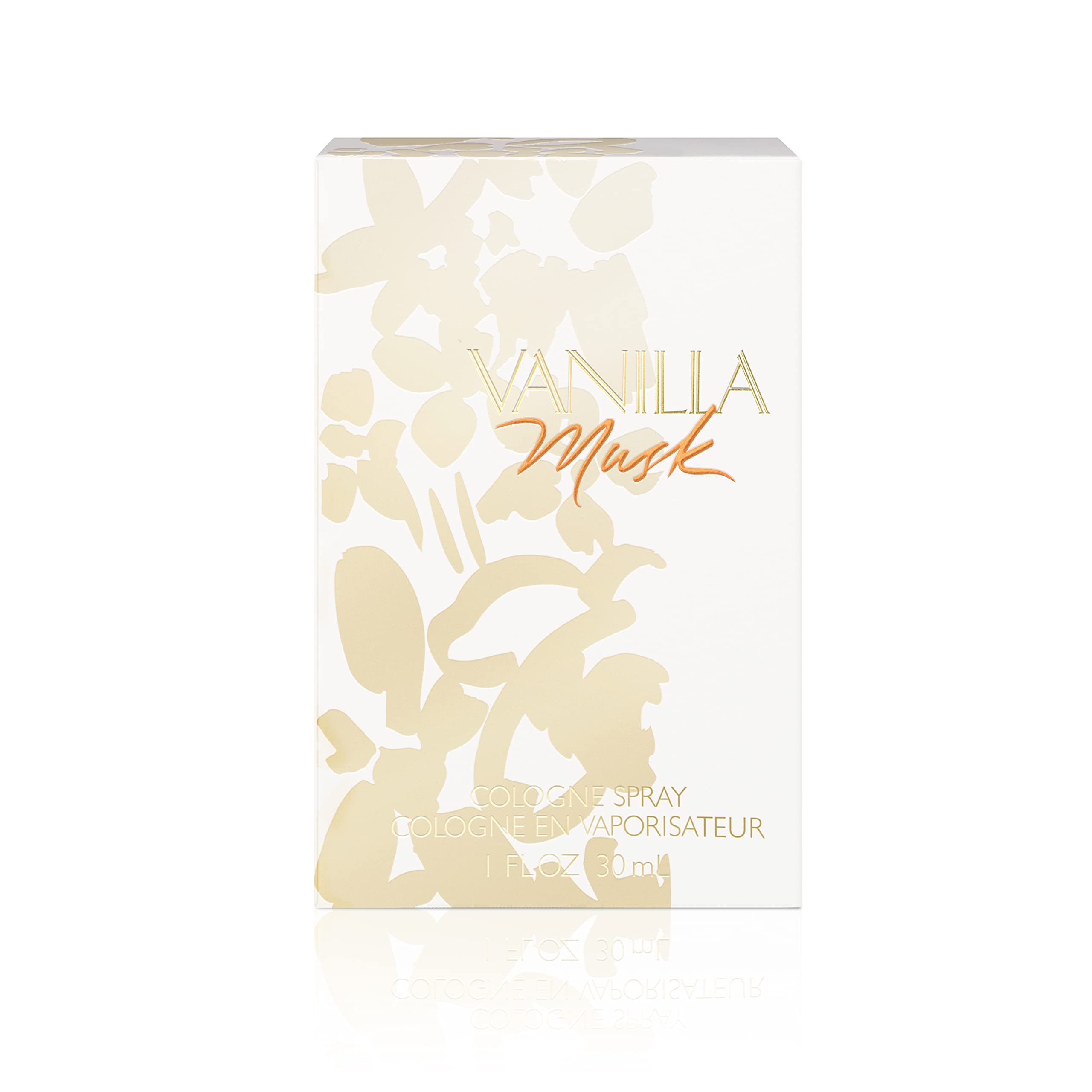 Side angle of the Coty Vanilla Musk fragrance bottle displaying the clear packaging and vegan formula details