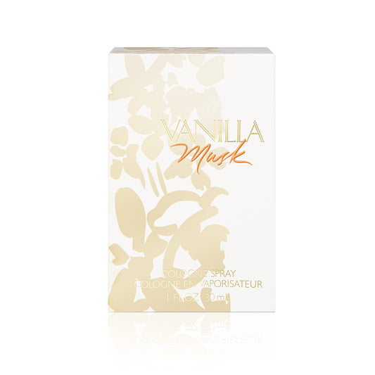 Side angle of the Coty Vanilla Musk fragrance bottle displaying the clear packaging and vegan formula details