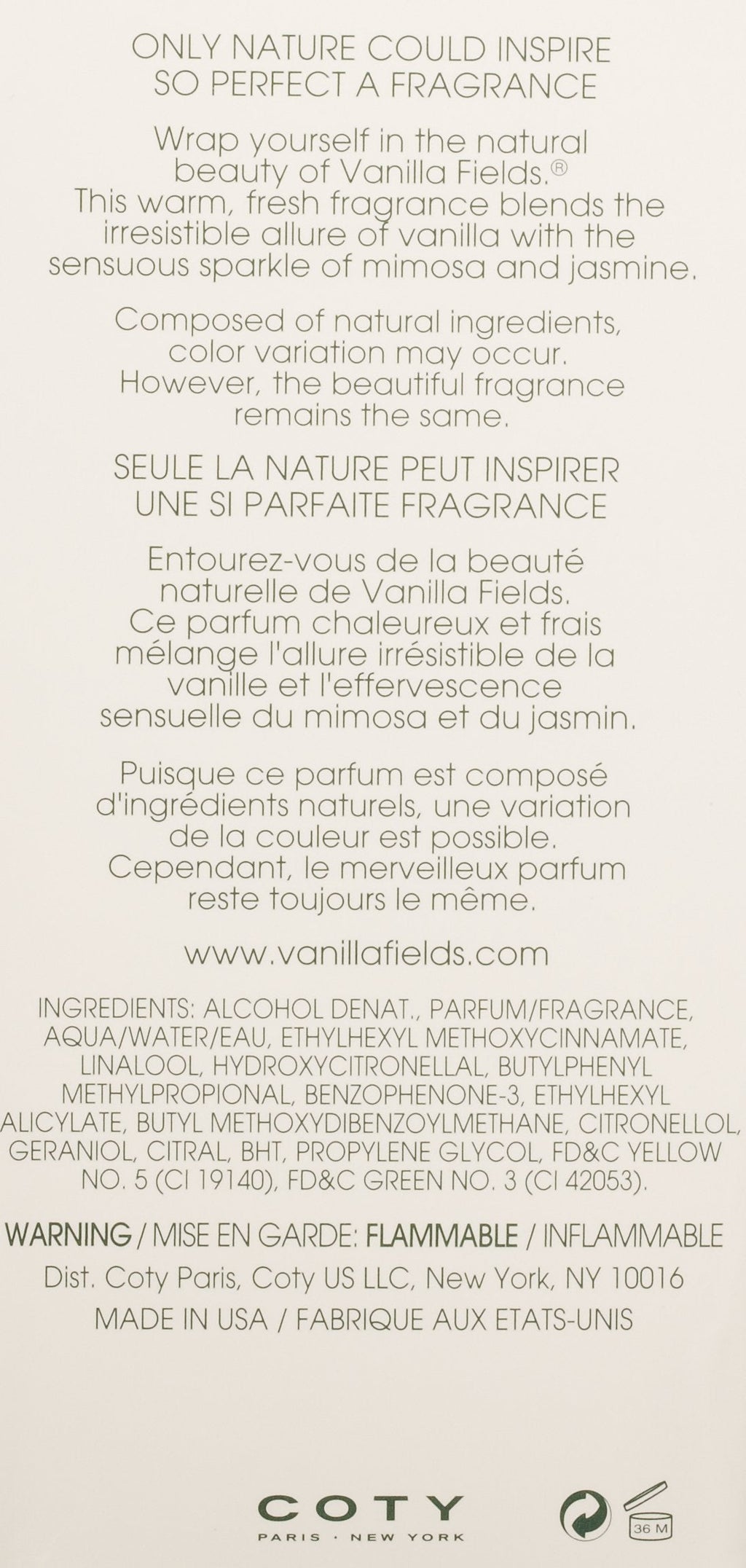 Coty Vanilla Fields for women showing the compact travel sized cologne spray bottle against a clean lifestyle background