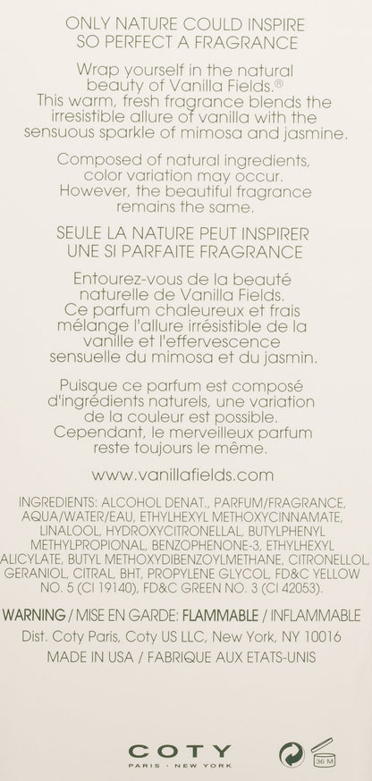 Coty Vanilla Fields for women showing the compact travel sized cologne spray bottle against a clean lifestyle background