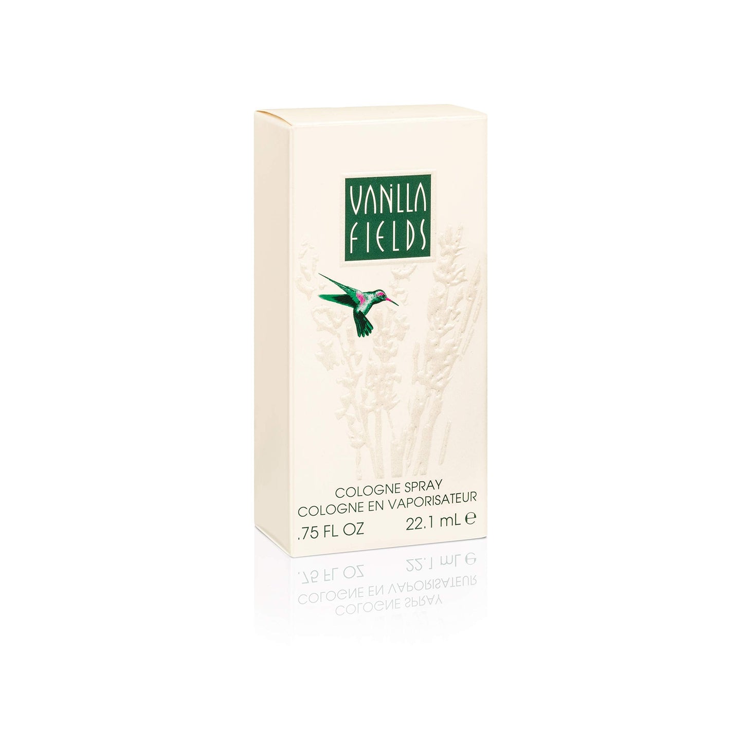 Authentic Coty Vanilla Fields fragrance spray revealing the light gold liquid color and text layout on the bottle