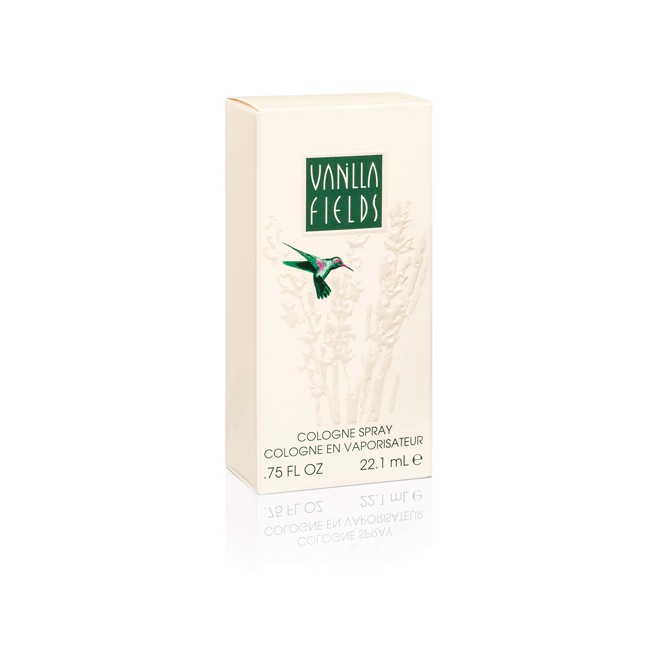 Authentic Coty Vanilla Fields fragrance spray revealing the light gold liquid color and text layout on the bottle