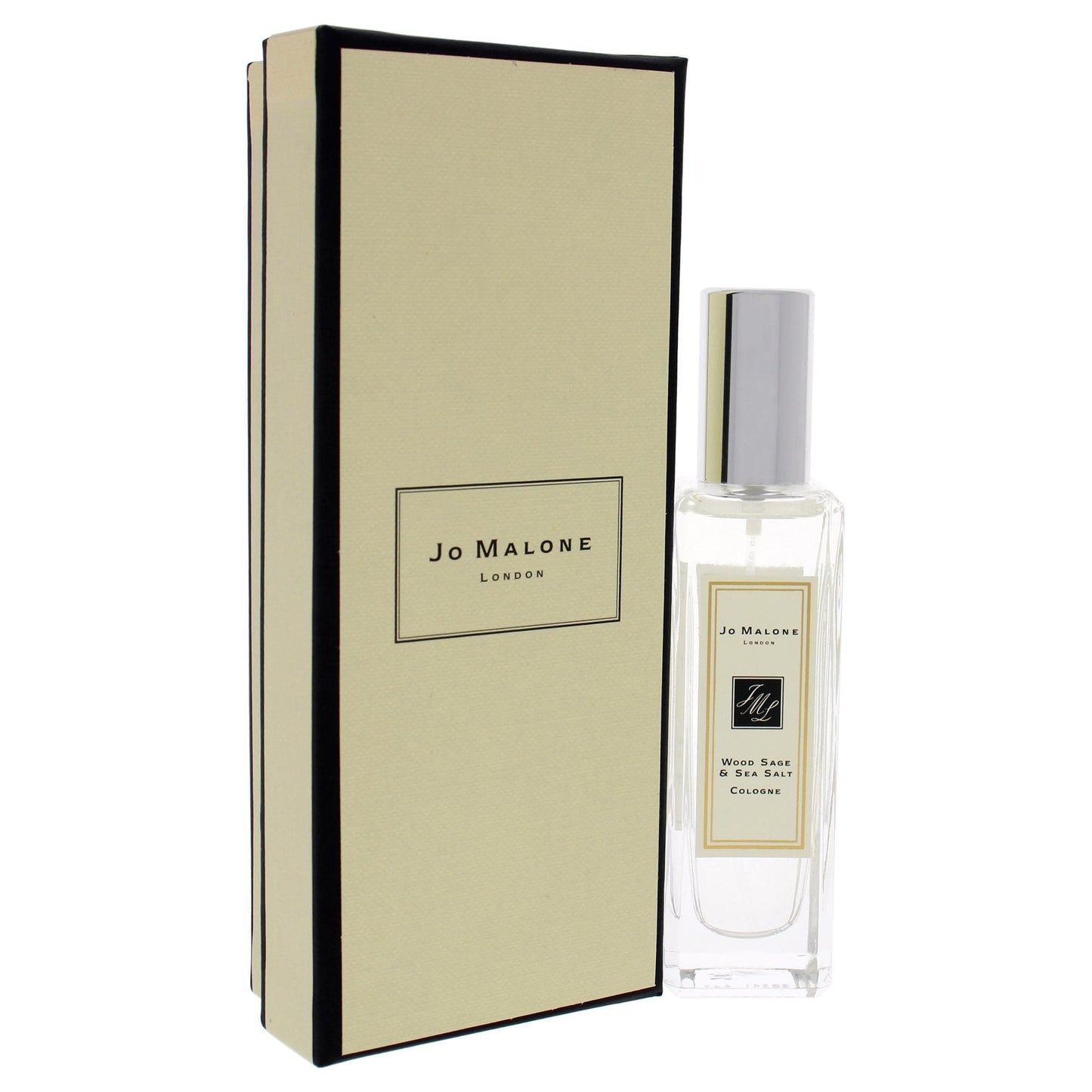 Jo Malone cologne glass bottle with silver cap on white background