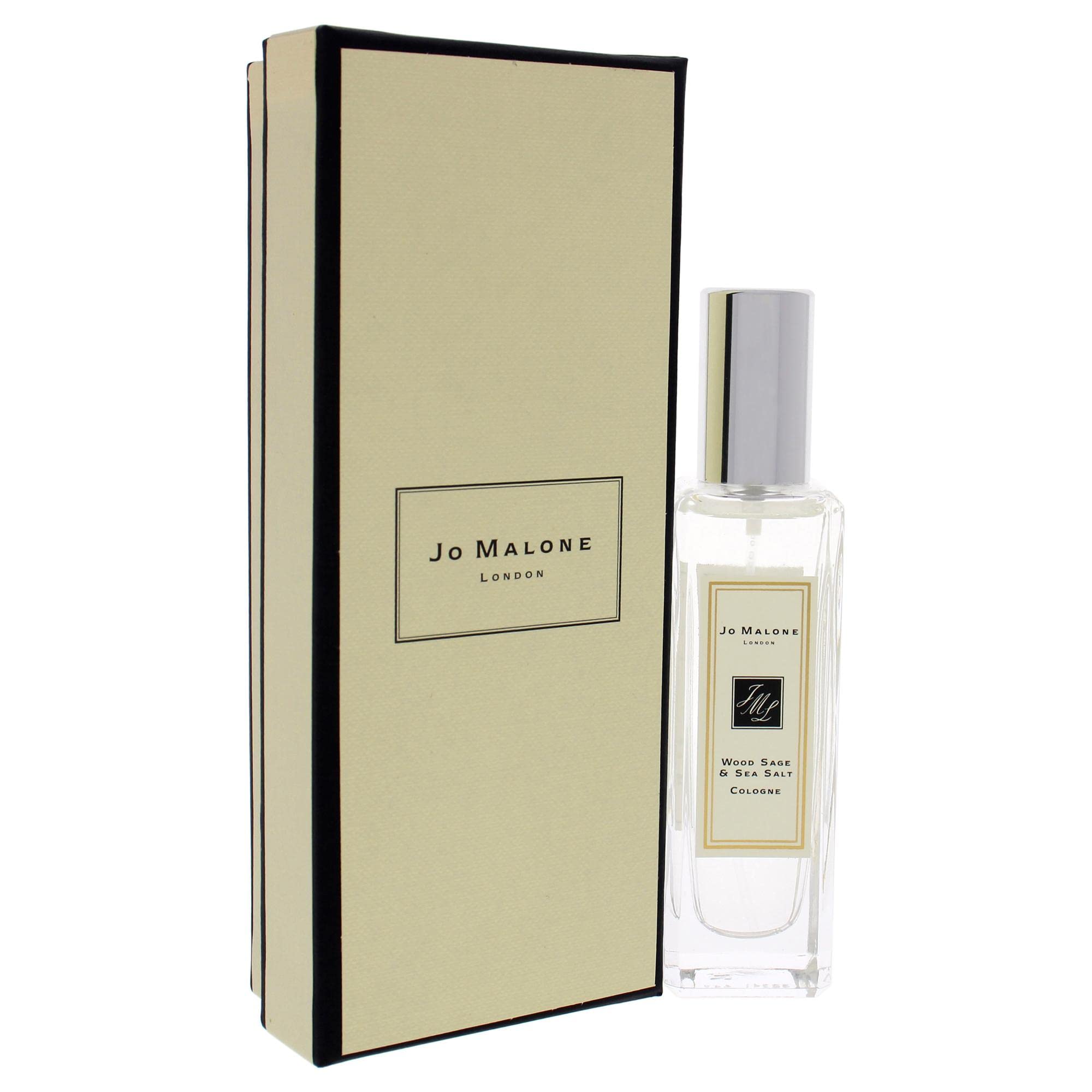Jo Malone cologne glass bottle with silver cap on white background