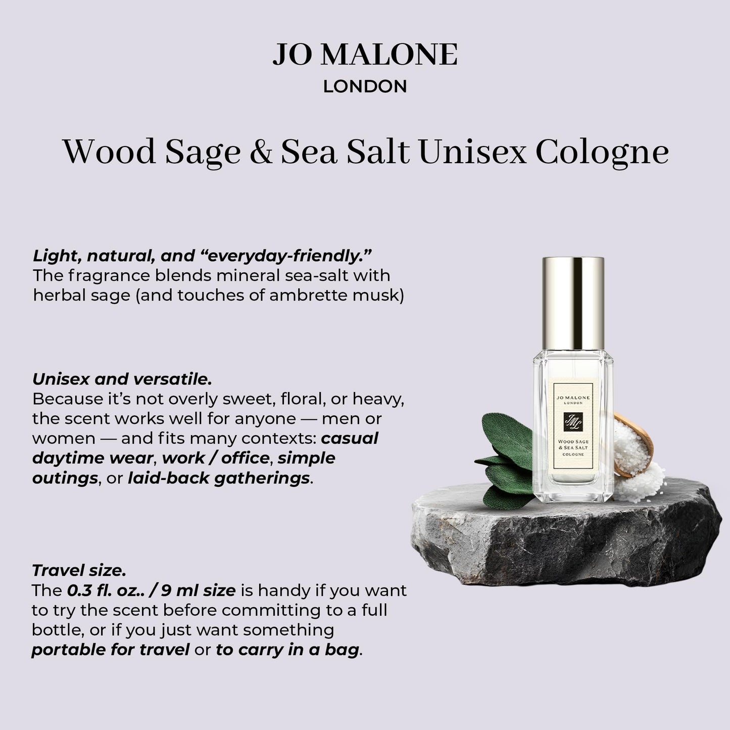 Jo Malone London luxury unisex fragrance deluxe sample bottle showing the silver spray nozzle