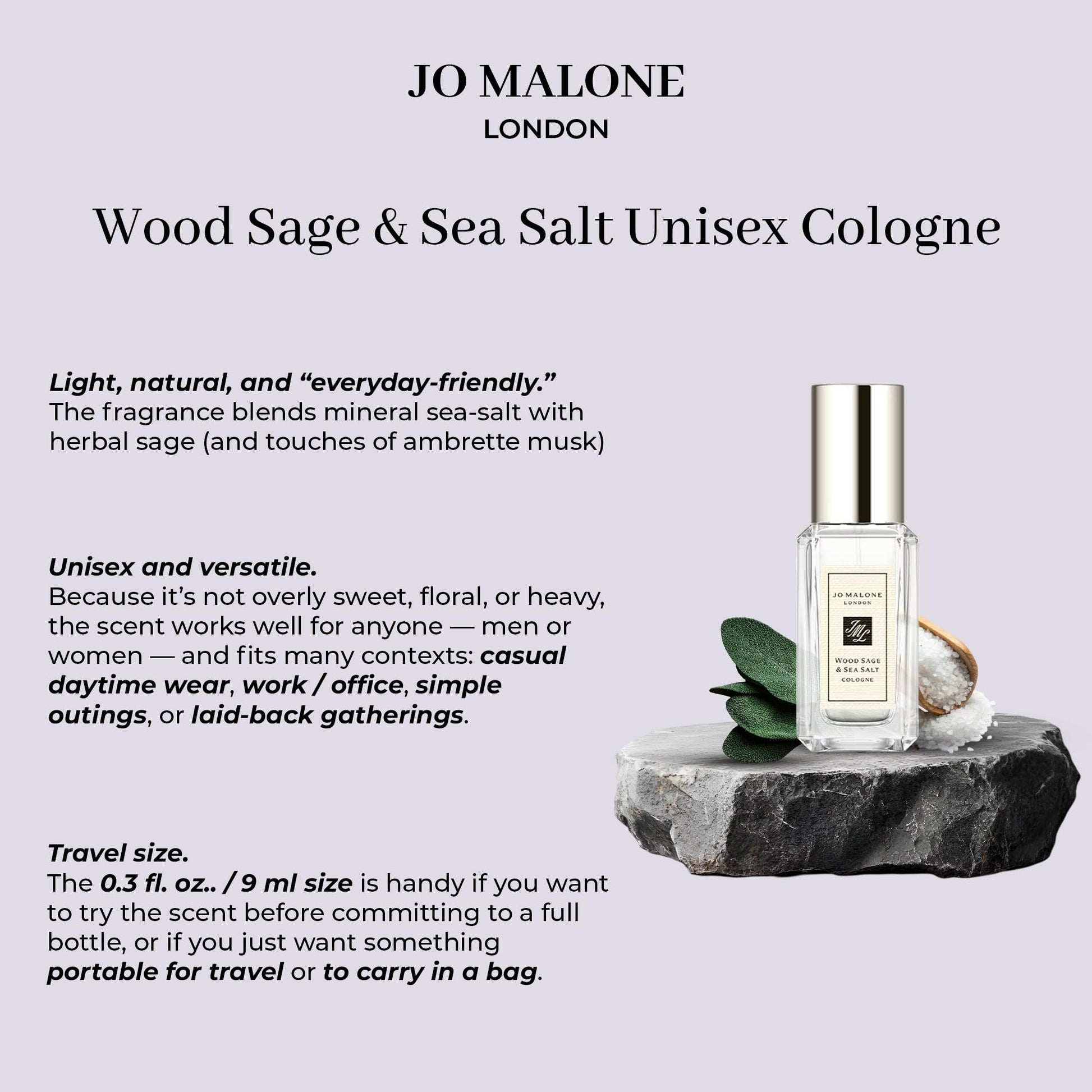 Jo Malone London luxury unisex fragrance deluxe sample bottle showing the silver spray nozzle