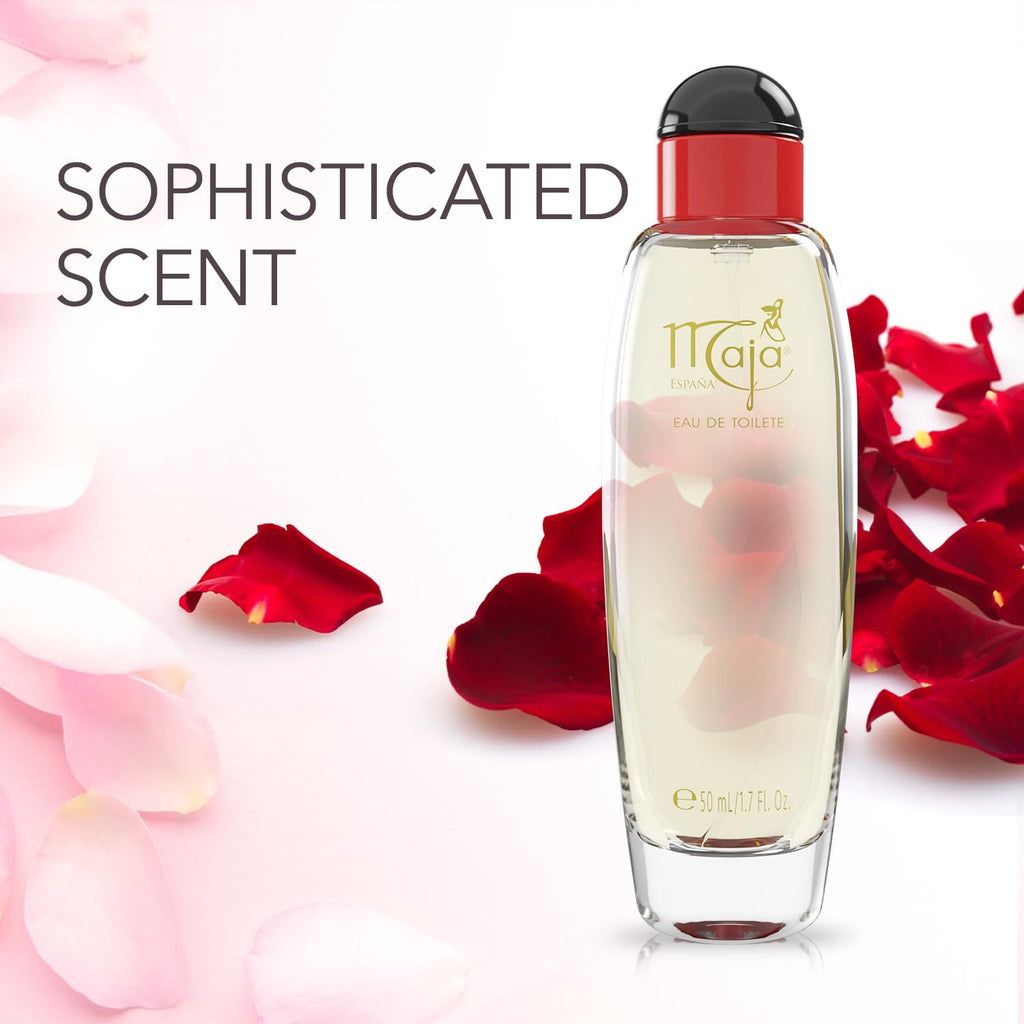 Side angle view of the imported Myrurgia Maja Eau de Toilette spray packaging highlighting key ingredient details.
