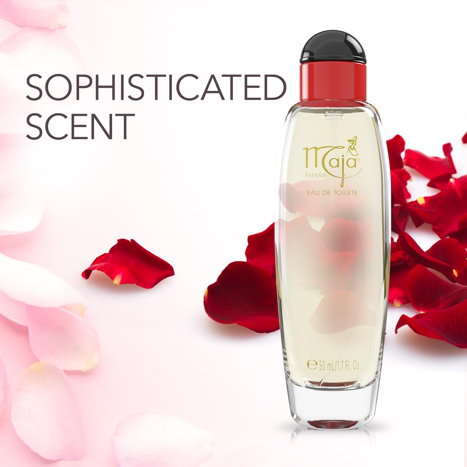 Side angle view of the imported Myrurgia Maja Eau de Toilette spray packaging highlighting key ingredient details.