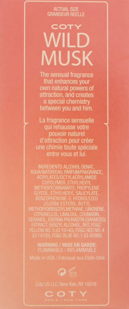 Authentic Coty Wild Musk Eau De Cologne display showing spray nozzle