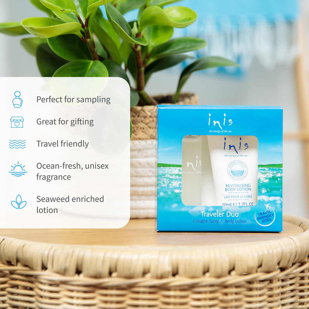 Authentic Inis luxury beauty sampler kit displaying the refreshing marine fragrance profiling.