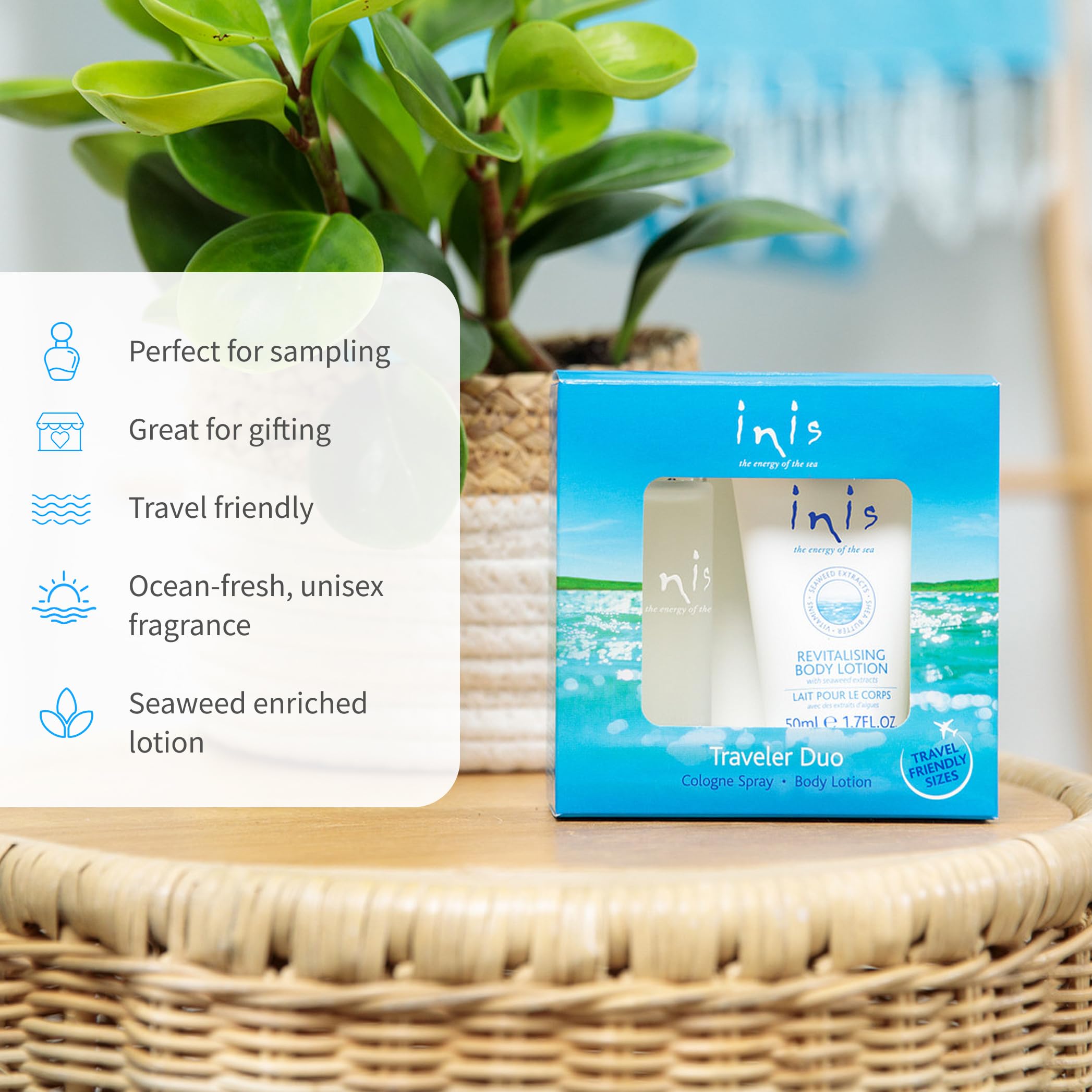 Authentic Inis luxury beauty sampler kit displaying the refreshing marine fragrance profiling.