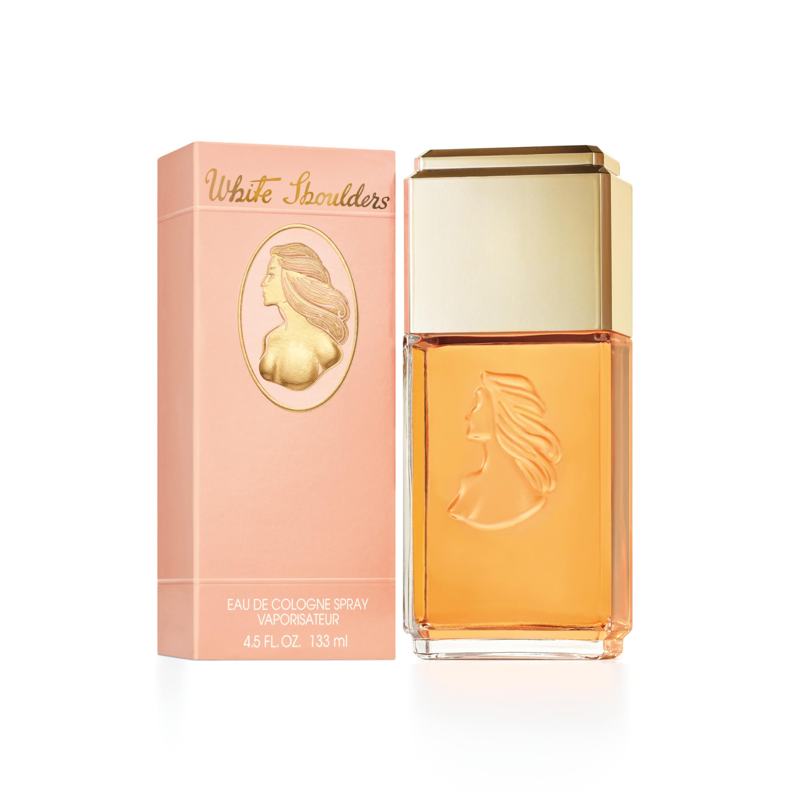 Side angle of Evyan White Shoulders Eau de Cologne spray bottle highlighting the classic clear glass design.
