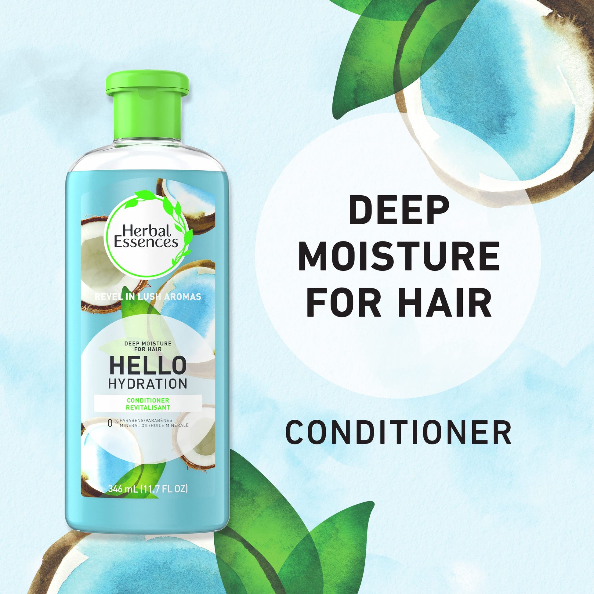 Herbal Essences 11.7 Fluid Ounces paraben free hair conditioner bottle.