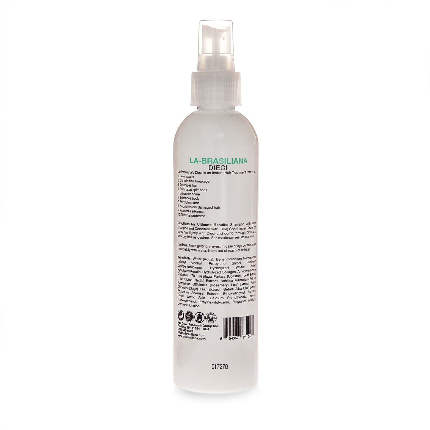 La Brasiliana Keratin and Collagen leave in spray showing fluid ounce size details