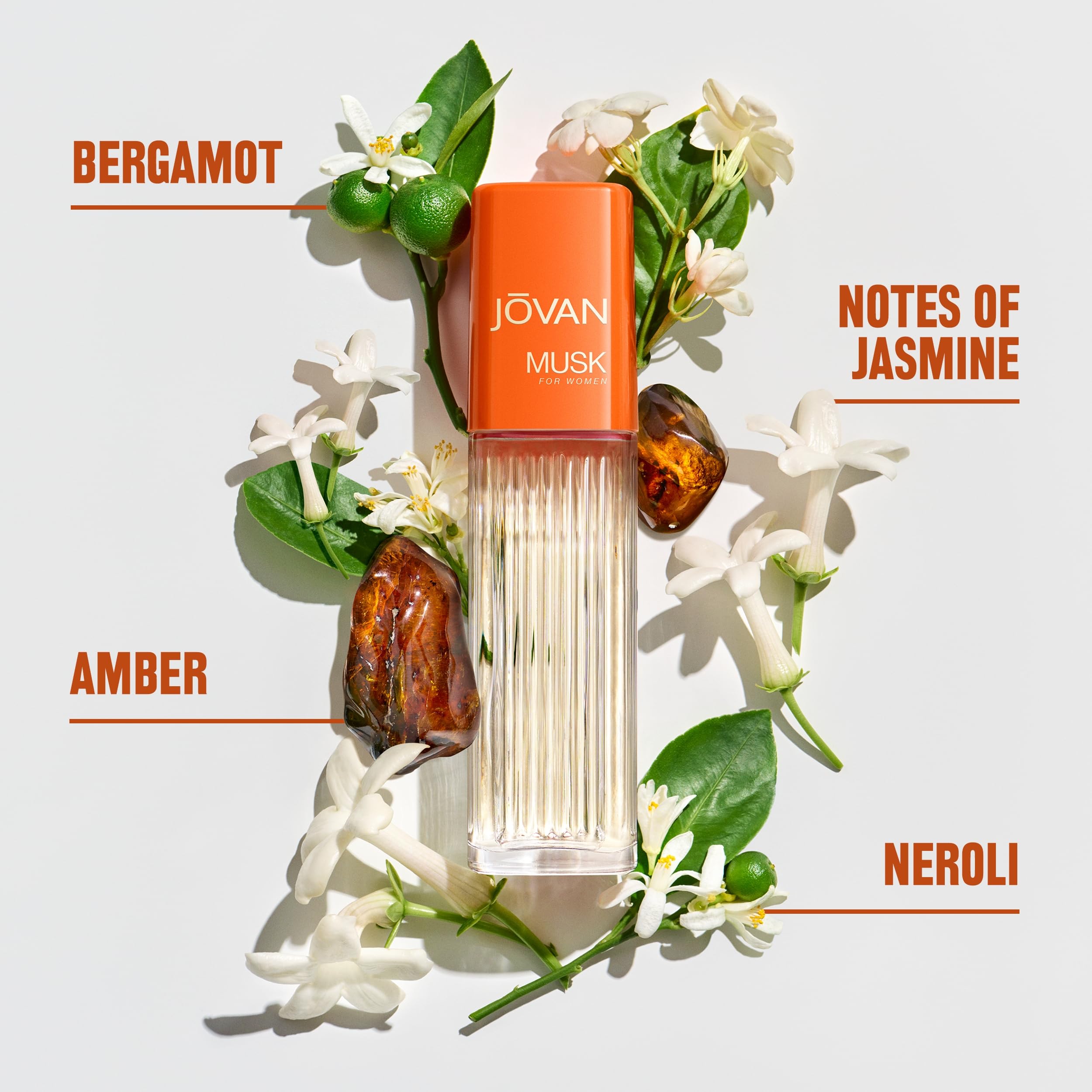 Authentic Jovan Musk women perfume bottle displayed closely emphasizing the glass packaging design.