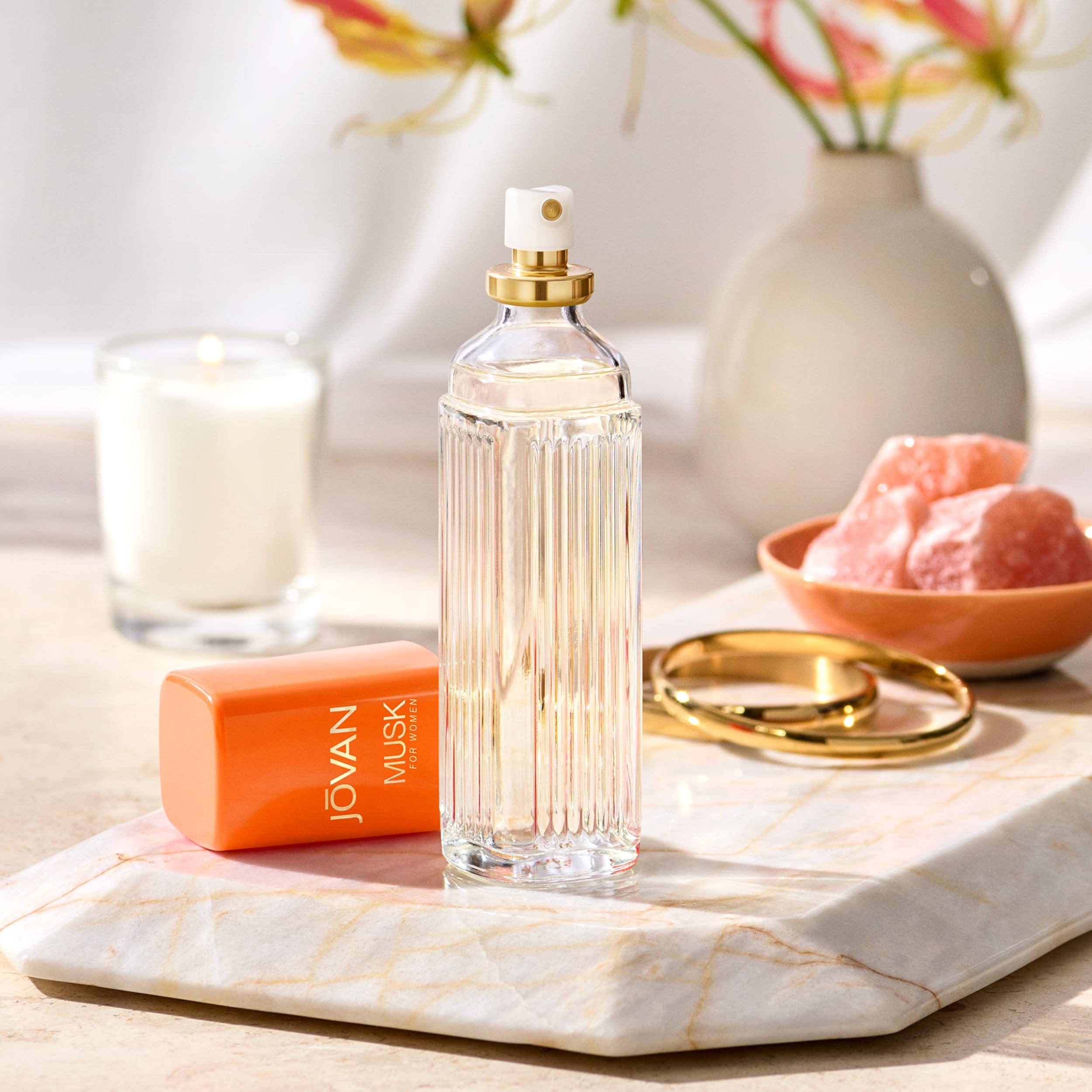 Imported Jovan Musk floral aldehyde women fragrance showing details on the front product label.