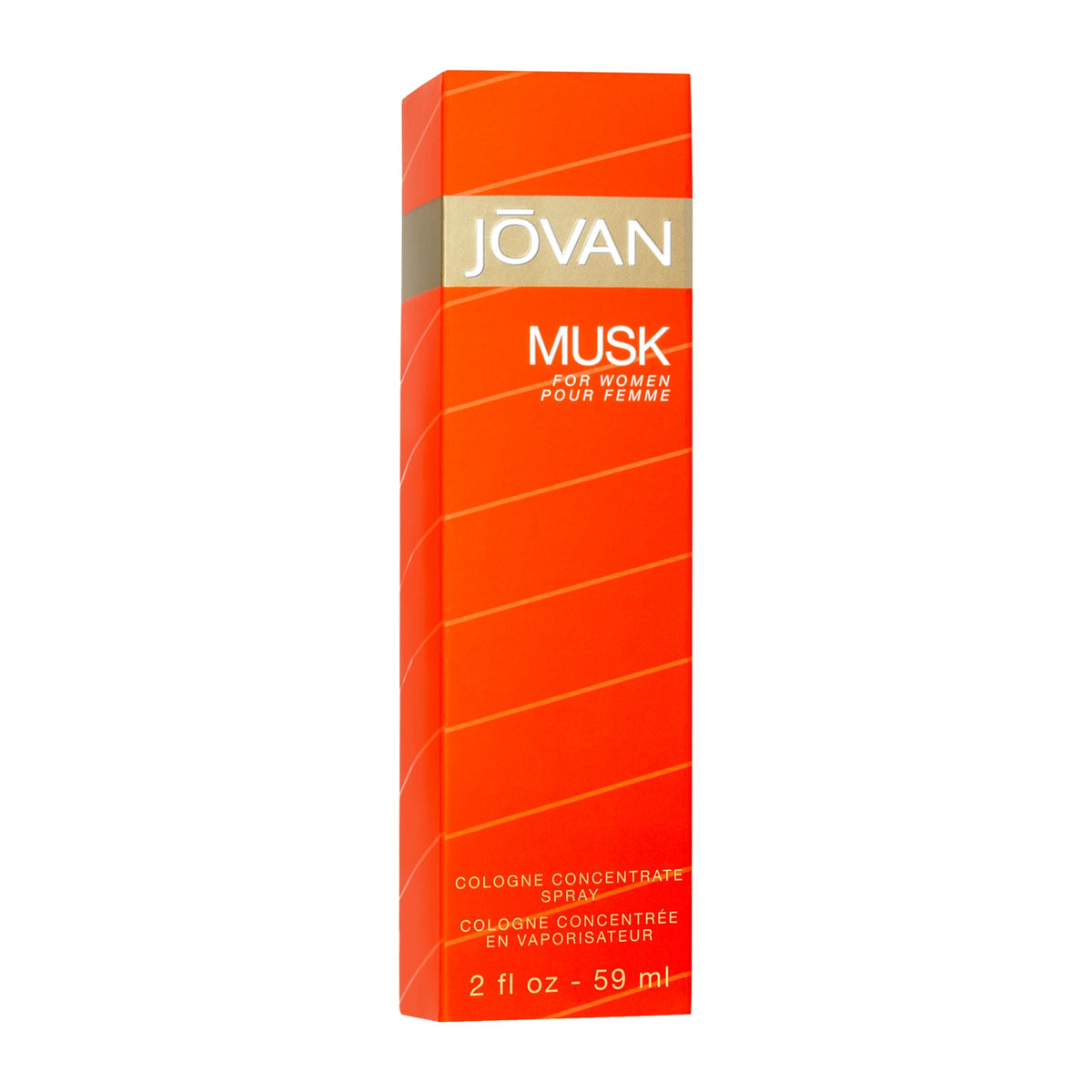 Authentic USA beauty import Jovan Musk product packaging showcasing clear fluid inside the glass bottle.
