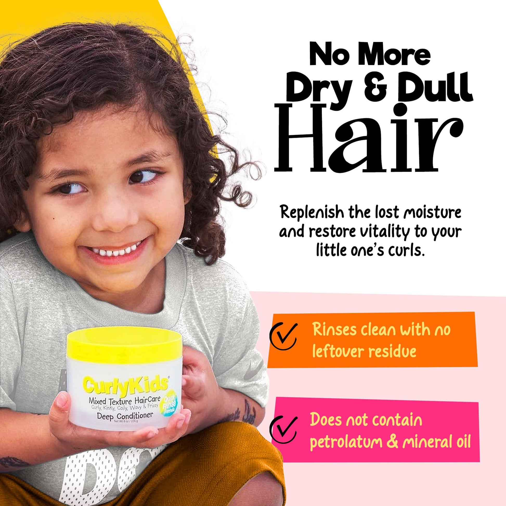 CurlyKids Curly Deep Hair Conditioner close up shot of the packaging graphics and brand logo