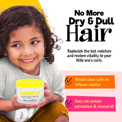 CurlyKids Curly Deep Hair Conditioner close up shot of the packaging graphics and brand logo